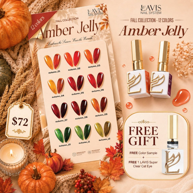 LAVIS Set 12 Colors - Gel Polish 0.5 oz - Amber Jelly Collection, FREE Color Sample + FREE 1 LAVIS Super Clear Cat Eye - DTK Nail Supply