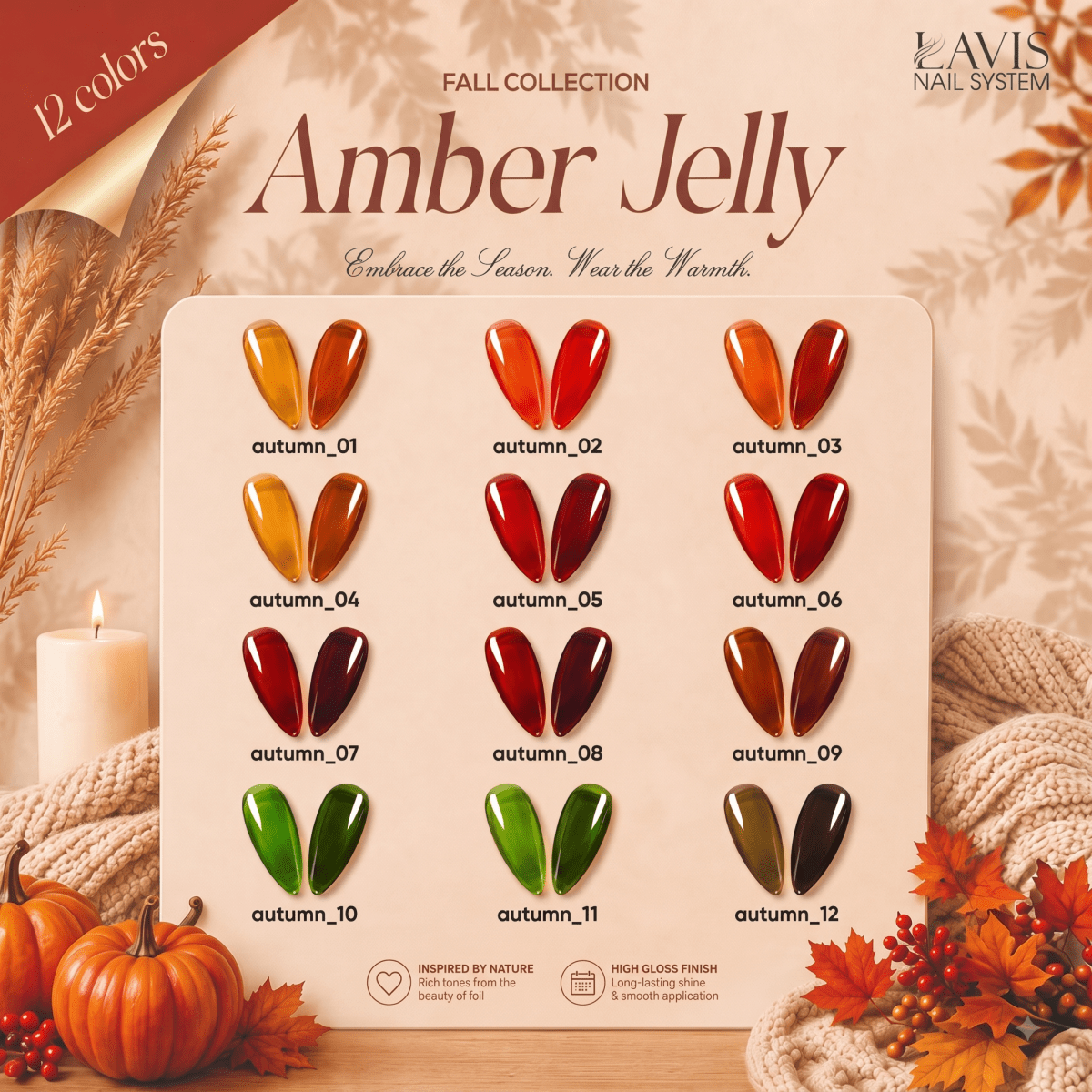 LAVIS Set 12 Colors - Gel Polish 0.5 oz - Amber Jelly Collection, FREE Color Sample + FREE 1 LAVIS Super Clear Cat Eye - DTK Nail Supply