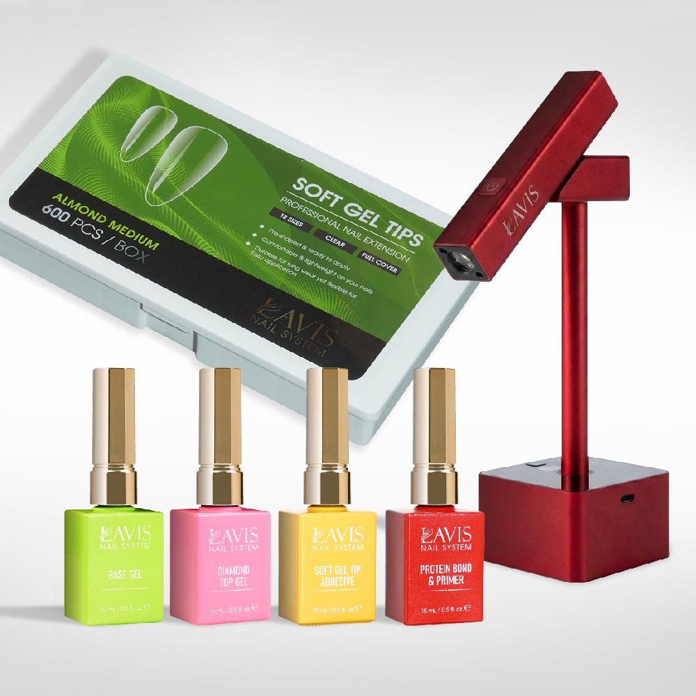 Lavis - Soft Gel Tips & 2IN1 LED Red Kit - Almond Medium Clear - DTK Nail Supply