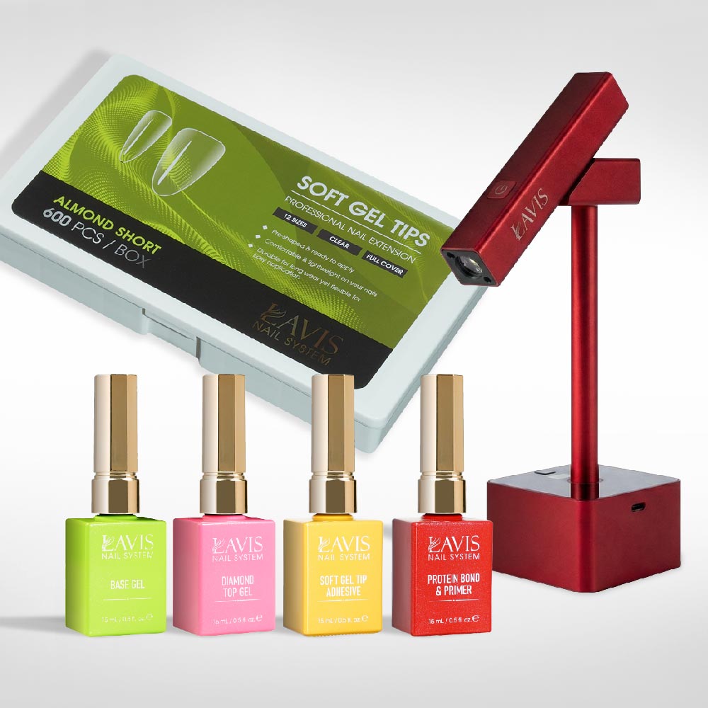Lavis - Soft Gel Tips & 2IN1 LED Red Kit - Almond Short Clear - DTK Nail Supply