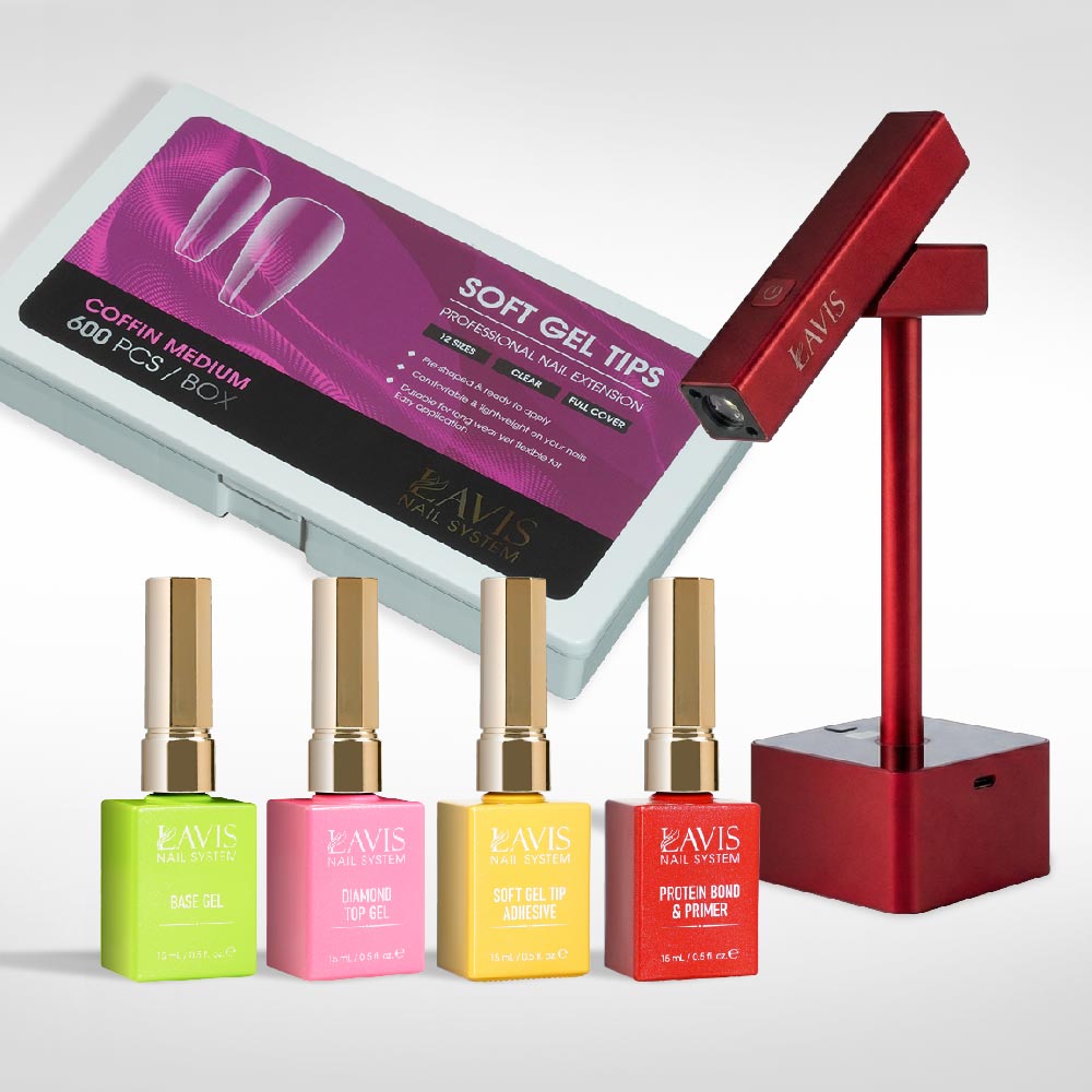 Lavis - Soft Gel Tips & 2IN1 LED Red Kit - Coffin Medium Clear - DTK Nail Supply