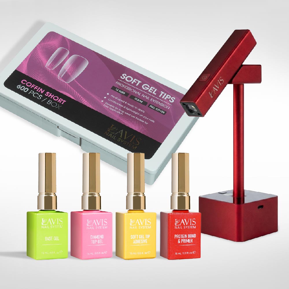 Lavis - Soft Gel Tips & 2IN1 LED Red Kit - Coffin Short Clear - DTK Nail Supply