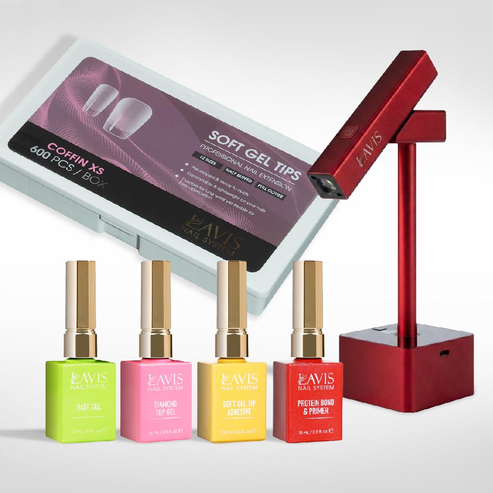 Lavis - Soft Gel Tips & 2IN1 LED Red Kit - Coffin XS Half Buffed - DTK Nail Supply