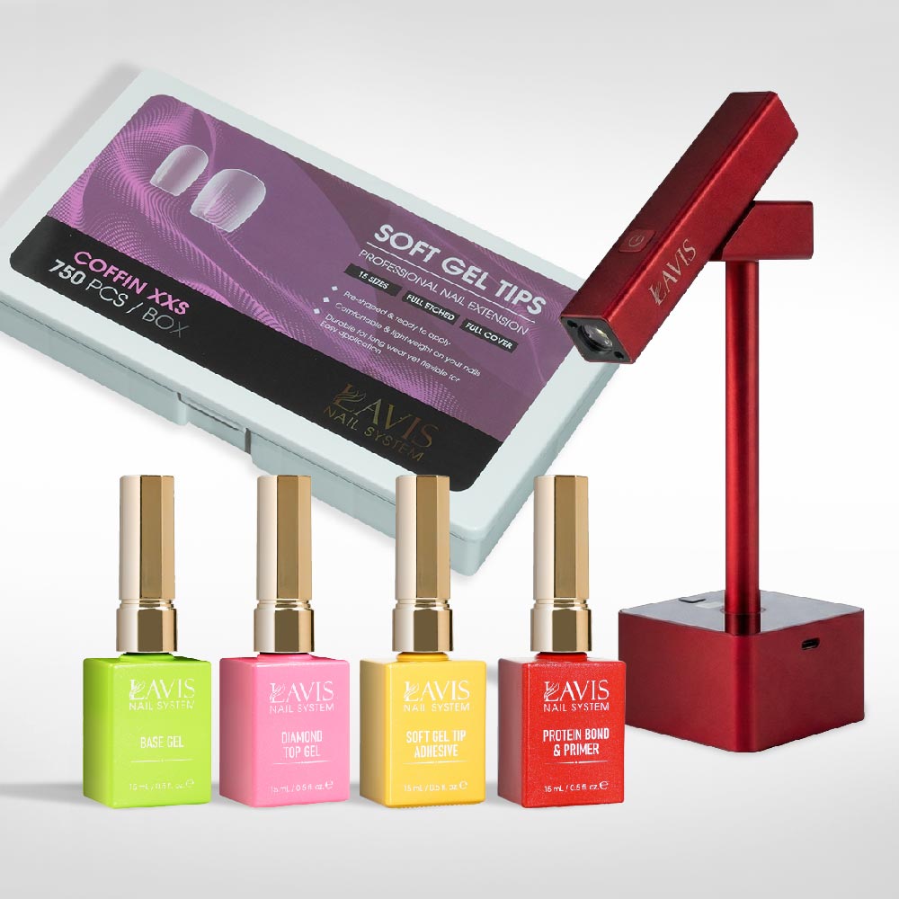 Lavis - Soft Gel Tips & 2IN1 LED Red Kit - Coffin XXS Full Etched - DTK Nail Supply