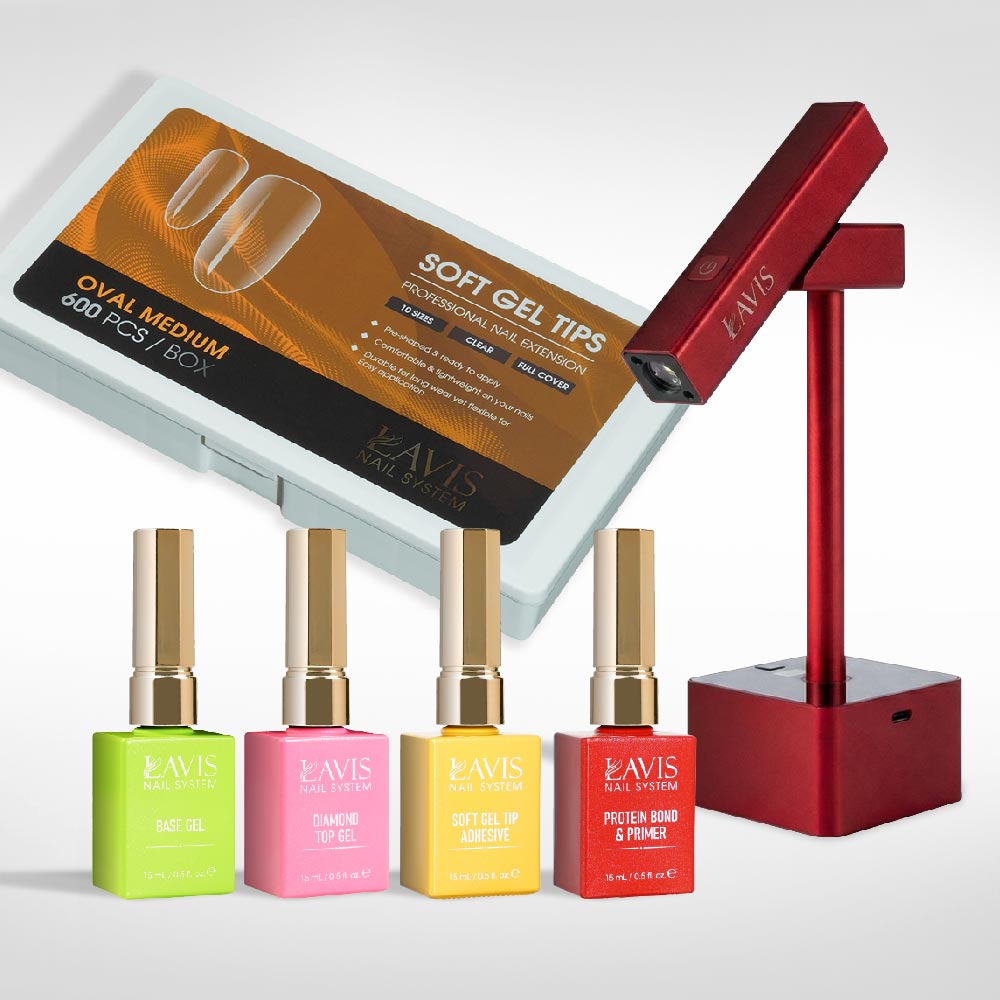 Lavis - Soft Gel Tips & 2IN1 LED Red Kit - Oval Medium Clear - DTK Nail Supply