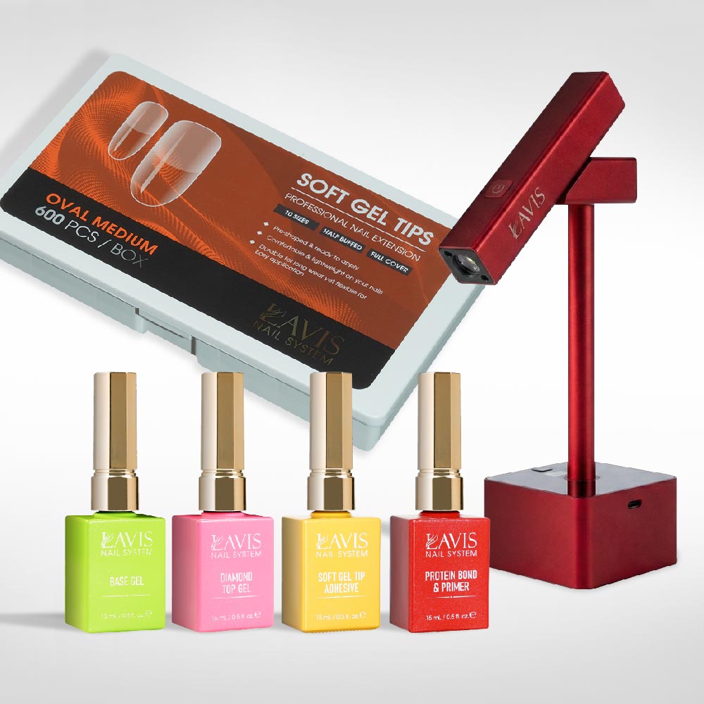 Lavis - Soft Gel Tips & 2IN1 LED Red Kit - Oval Medium Half Buffed - DTK Nail Supply