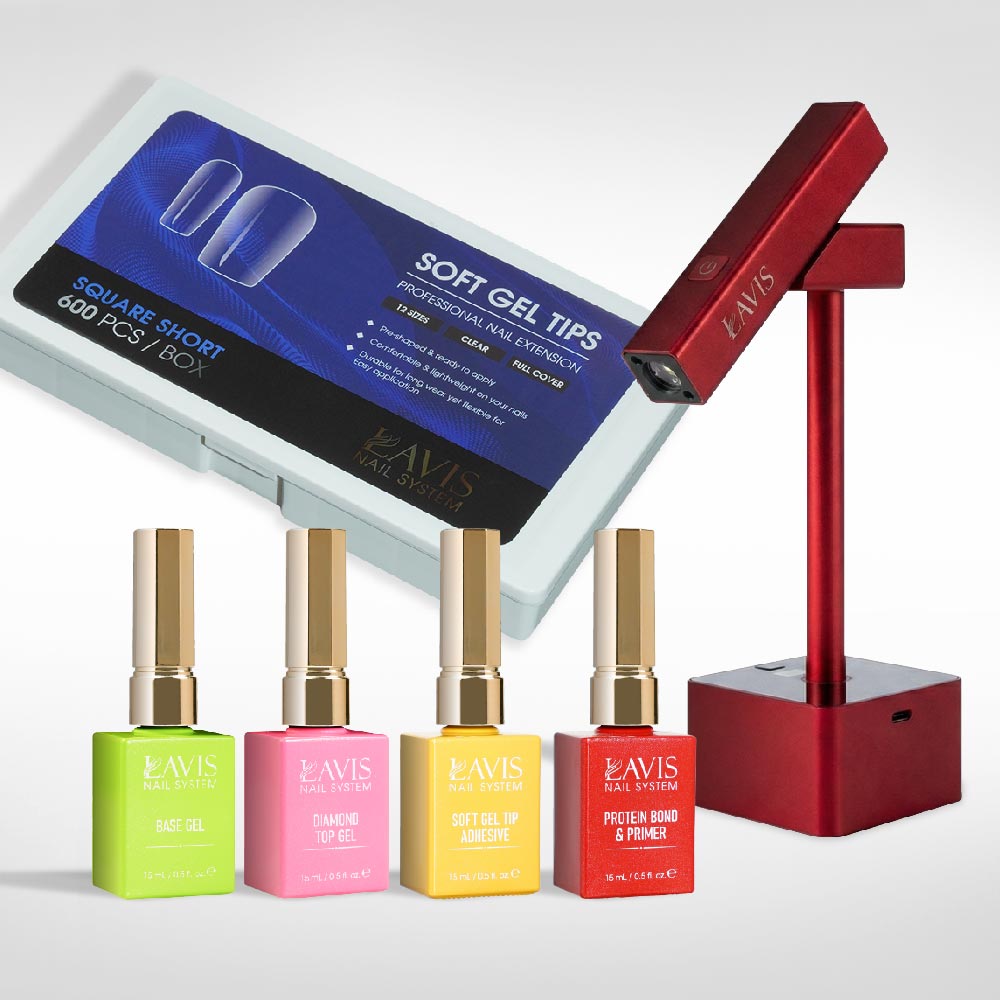 Lavis - Soft Gel Tips & 2IN1 LED Red Kit - Square Short Clear - DTK Nail Supply