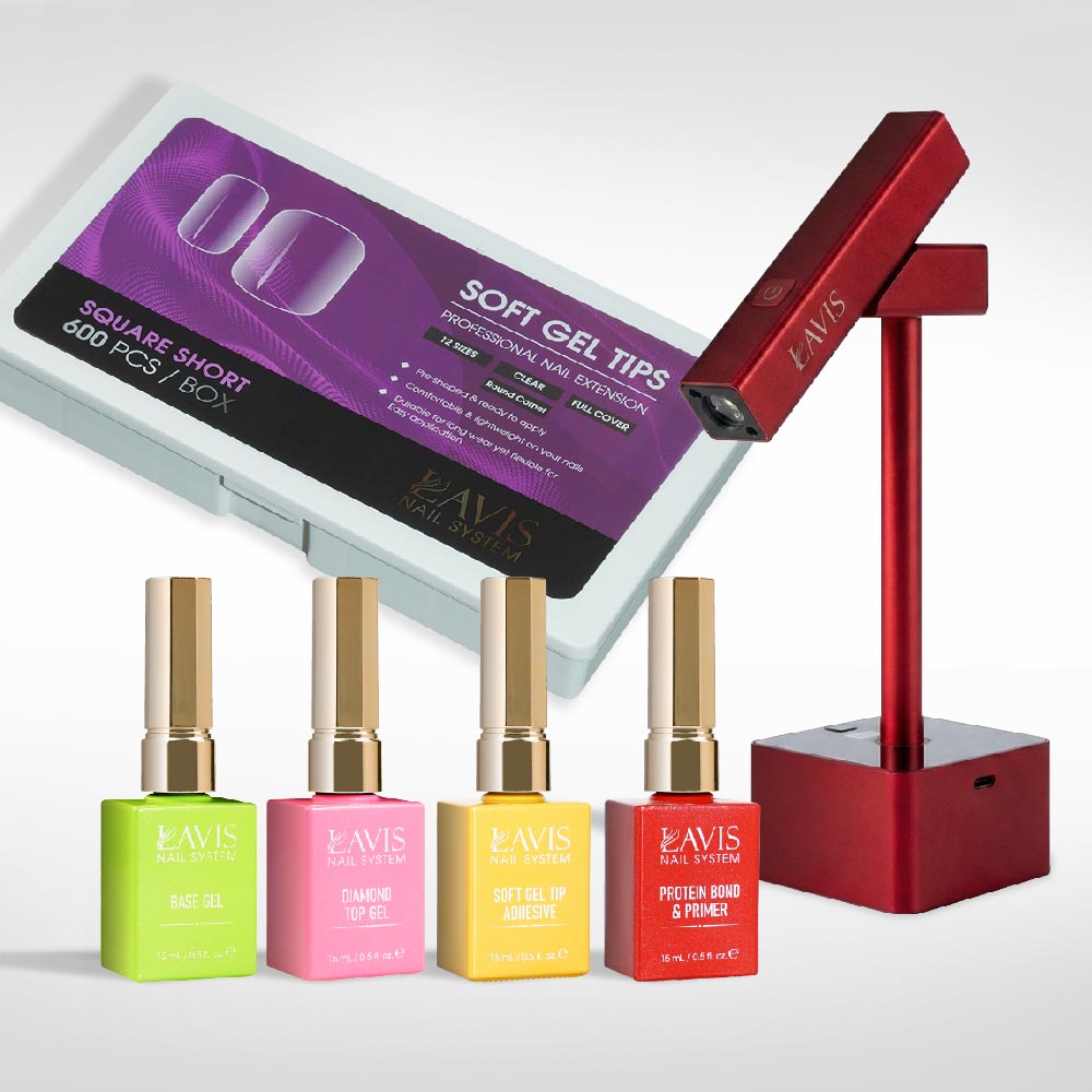 Lavis - Soft Gel Tips & 2IN1 LED Red Kit - Square Short Clear Round Corner - DTK Nail Supply