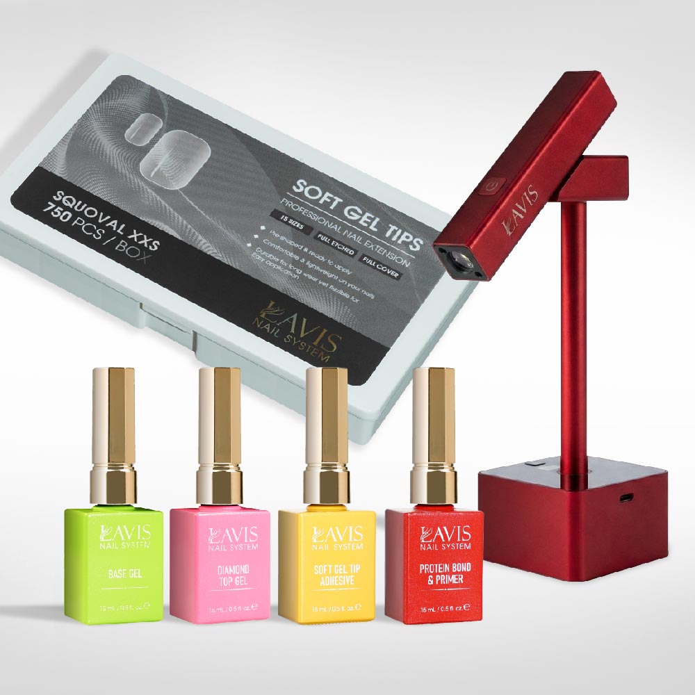 Lavis - Soft Gel Tips & 2IN1 LED Red Kit - Squoval XXS Full Etched - DTK Nail Supply