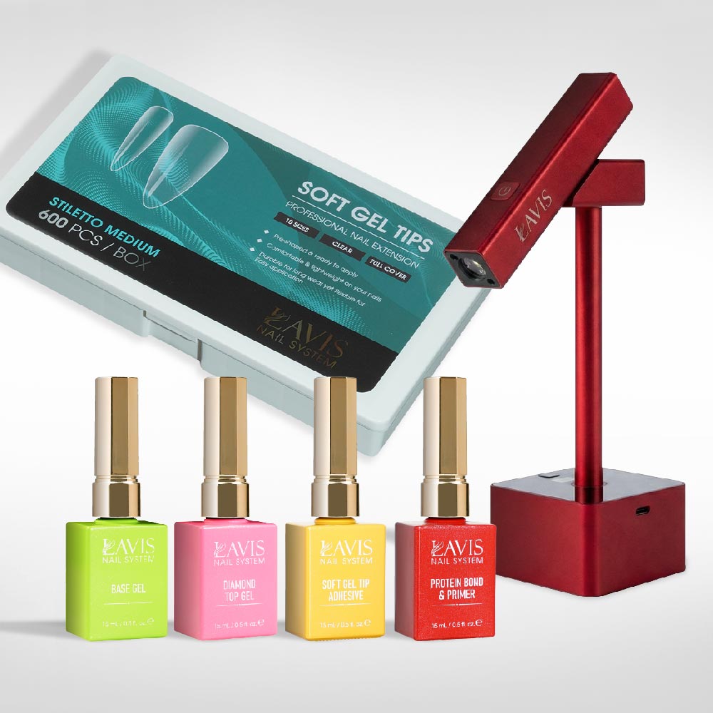 Lavis - Soft Gel Tips & 2IN1 LED Red Kit - Stiletto Medium Clear - DTK Nail Supply