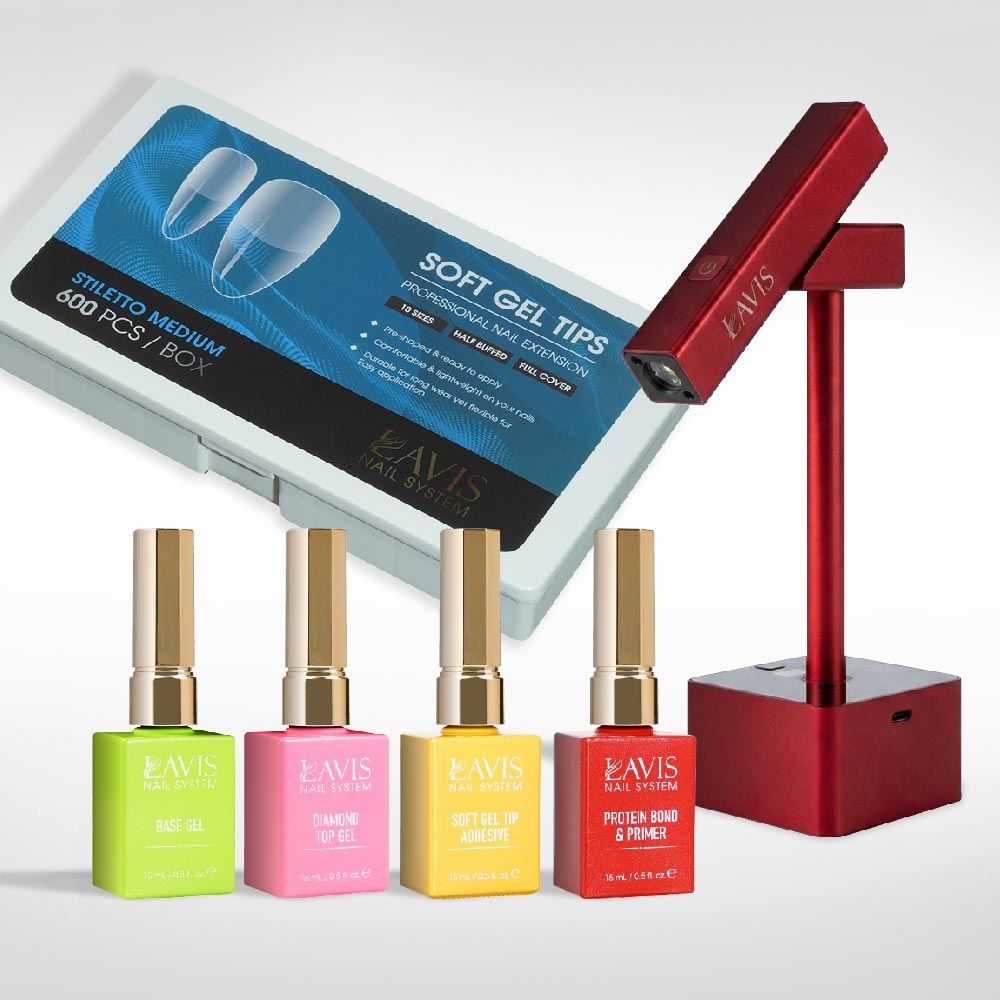 Lavis - Soft Gel Tips & 2IN1 LED Red Kit - Stiletto Medium Half Buffed - DTK Nail Supply
