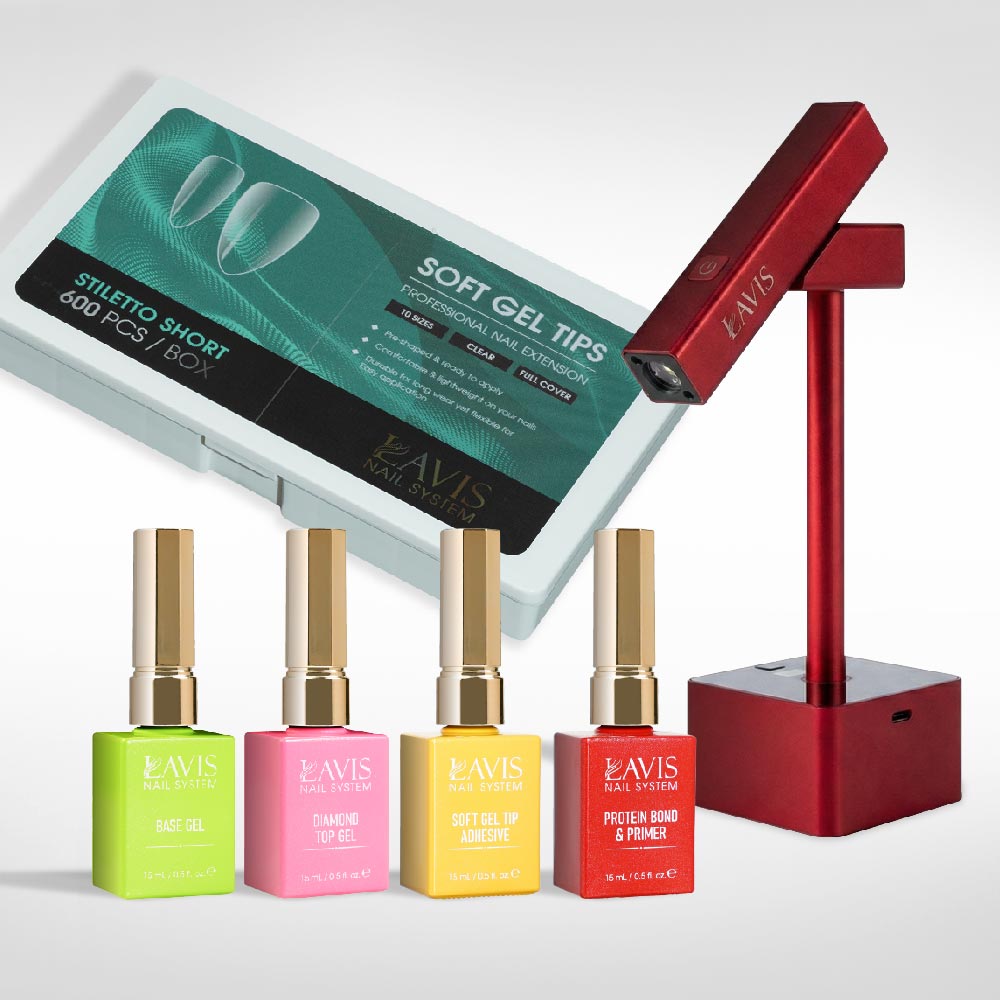 Lavis - Soft Gel Tips & 2IN1 LED Red Kit - Stiletto Short Clear - DTK Nail Supply