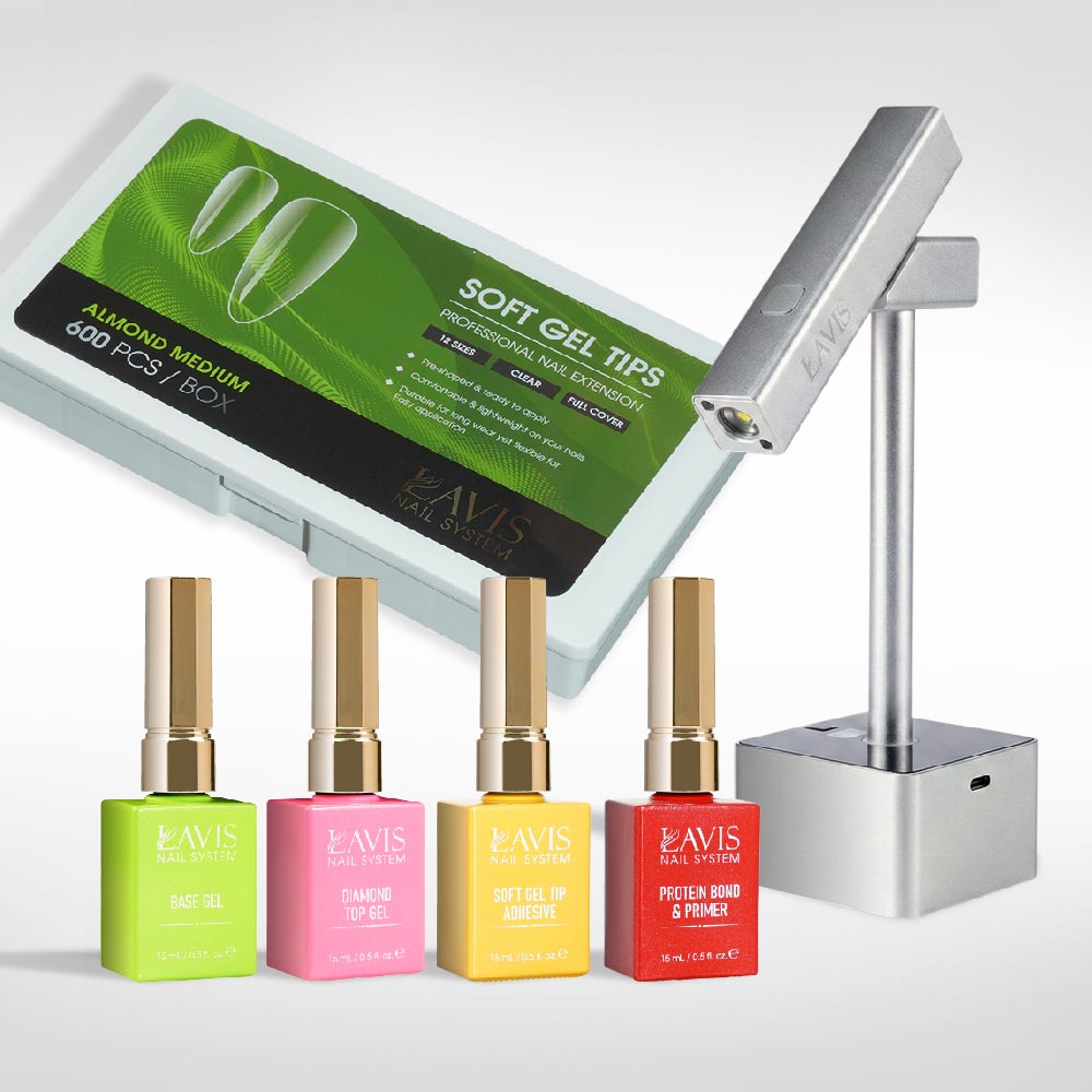Lavis - Soft Gel Tips & 2IN1 LED Silver Kit - Almond Medium Clear - DTK Nail Supply