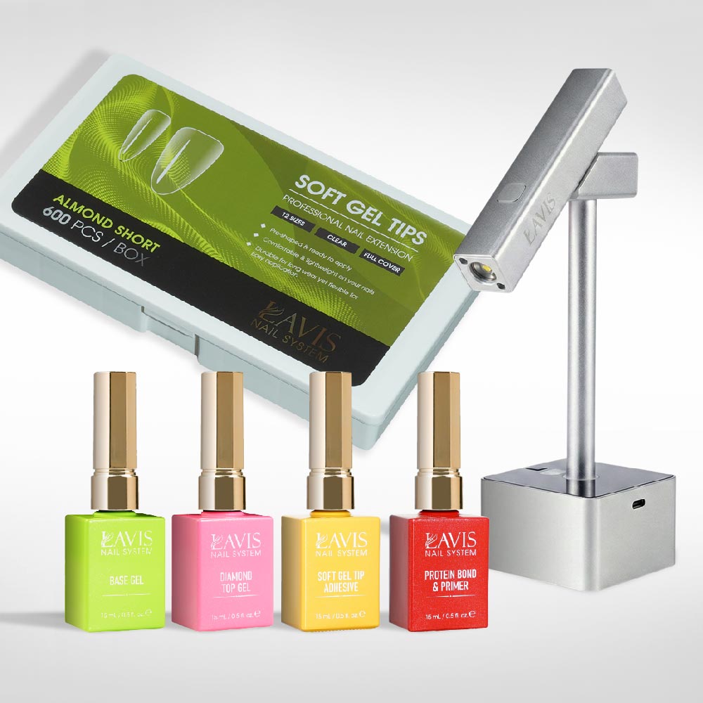 Lavis - Soft Gel Tips & 2IN1 LED Silver Kit - Almond Short Clear - DTK Nail Supply