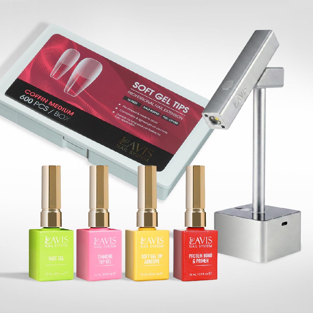 Lavis - Soft Gel Tips & 2IN1 LED Silver Kit - Coffin Medium Half Buffed - DTK Nail Supply