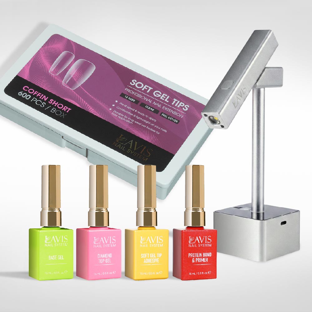 Lavis - Soft Gel Tips & 2IN1 LED Silver Kit - Coffin Short Clear - DTK Nail Supply