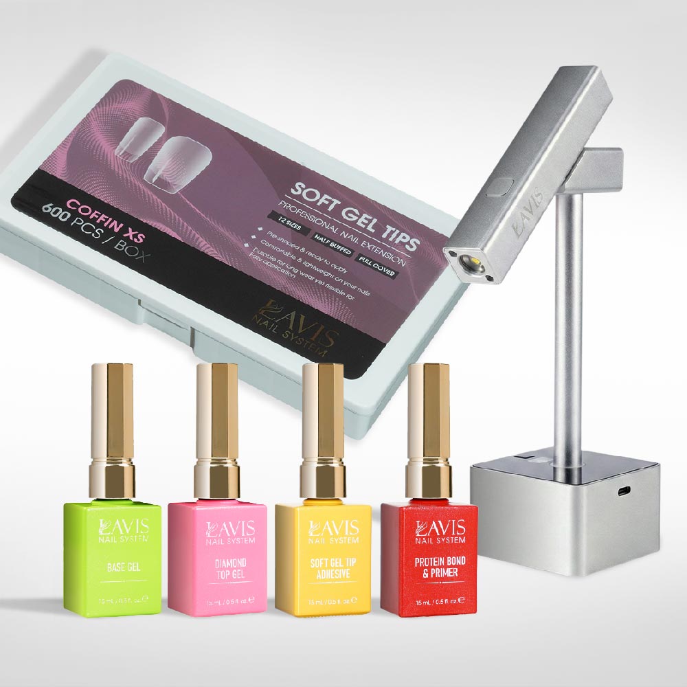 Lavis - Soft Gel Tips & 2IN1 LED Silver Kit - Coffin XS Half Buffed - DTK Nail Supply