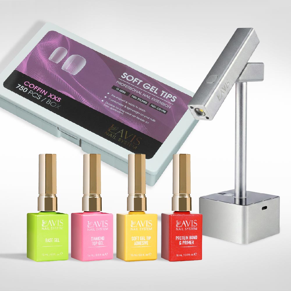 Lavis - Soft Gel Tips & 2IN1 LED Silver Kit - Coffin XXS Full Etched - DTK Nail Supply