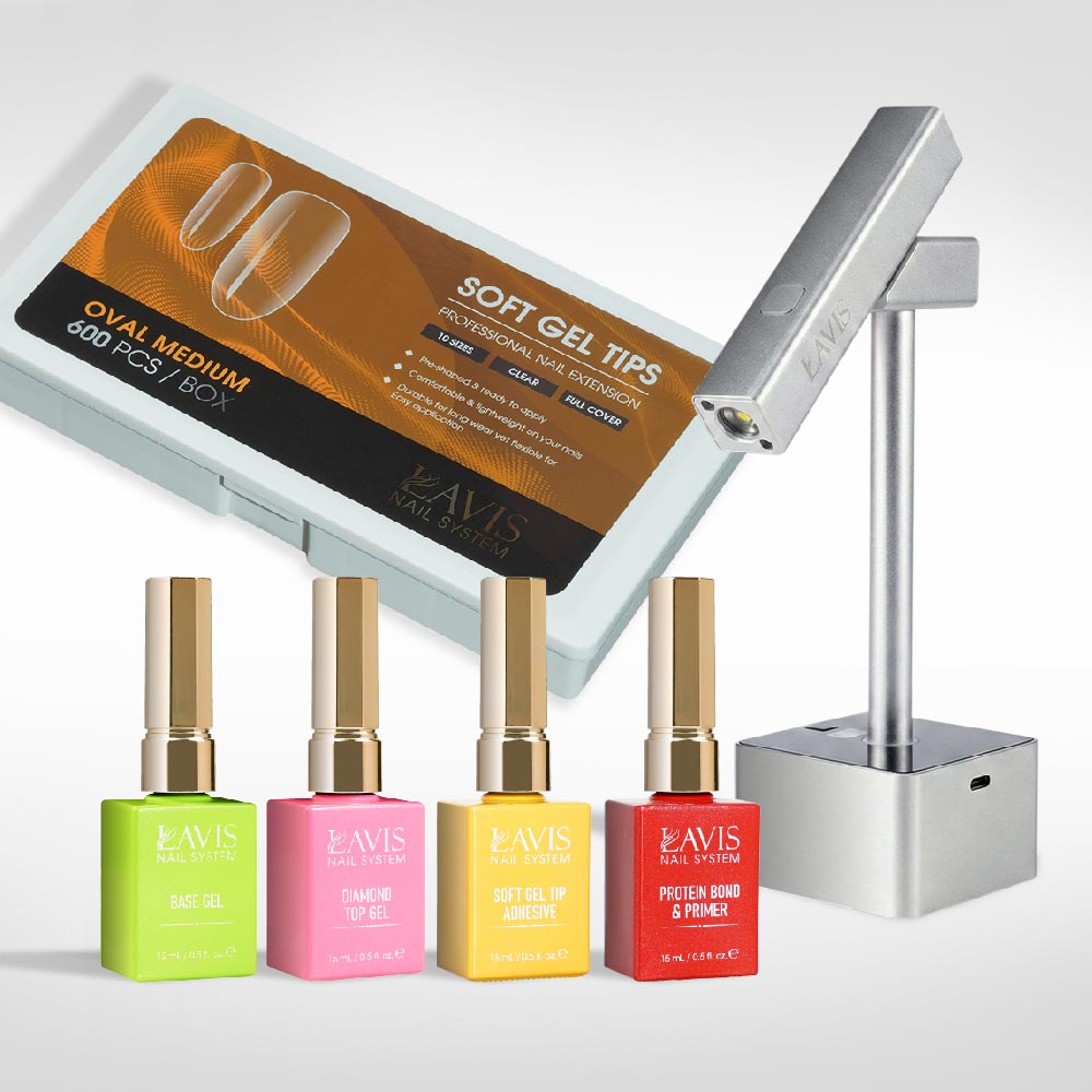 Lavis - Soft Gel Tips & 2IN1 LED Silver Kit - Oval Medium Clear - DTK Nail Supply