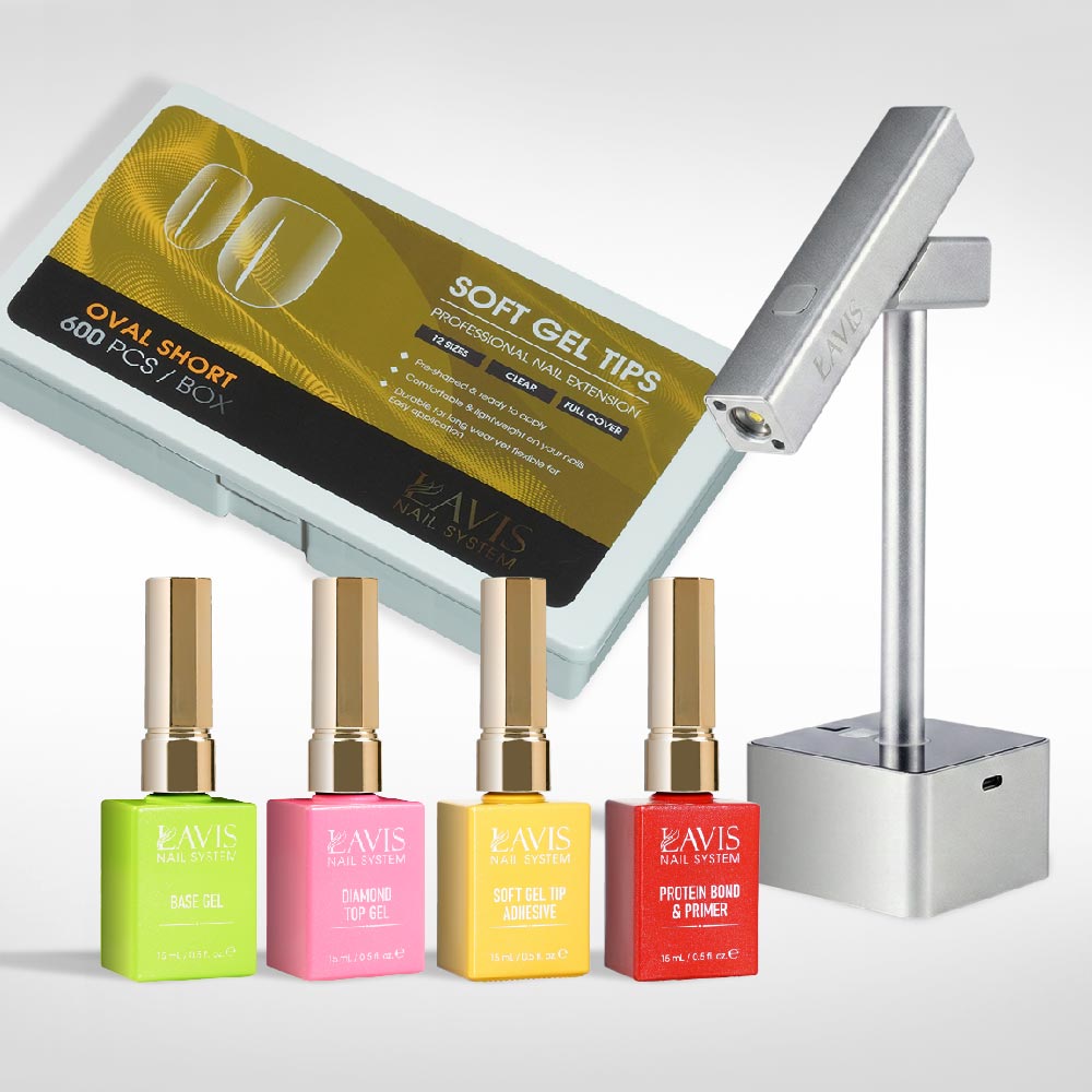 Lavis - Soft Gel Tips & 2IN1 LED Silver Kit - Oval Short Clear - DTK Nail Supply