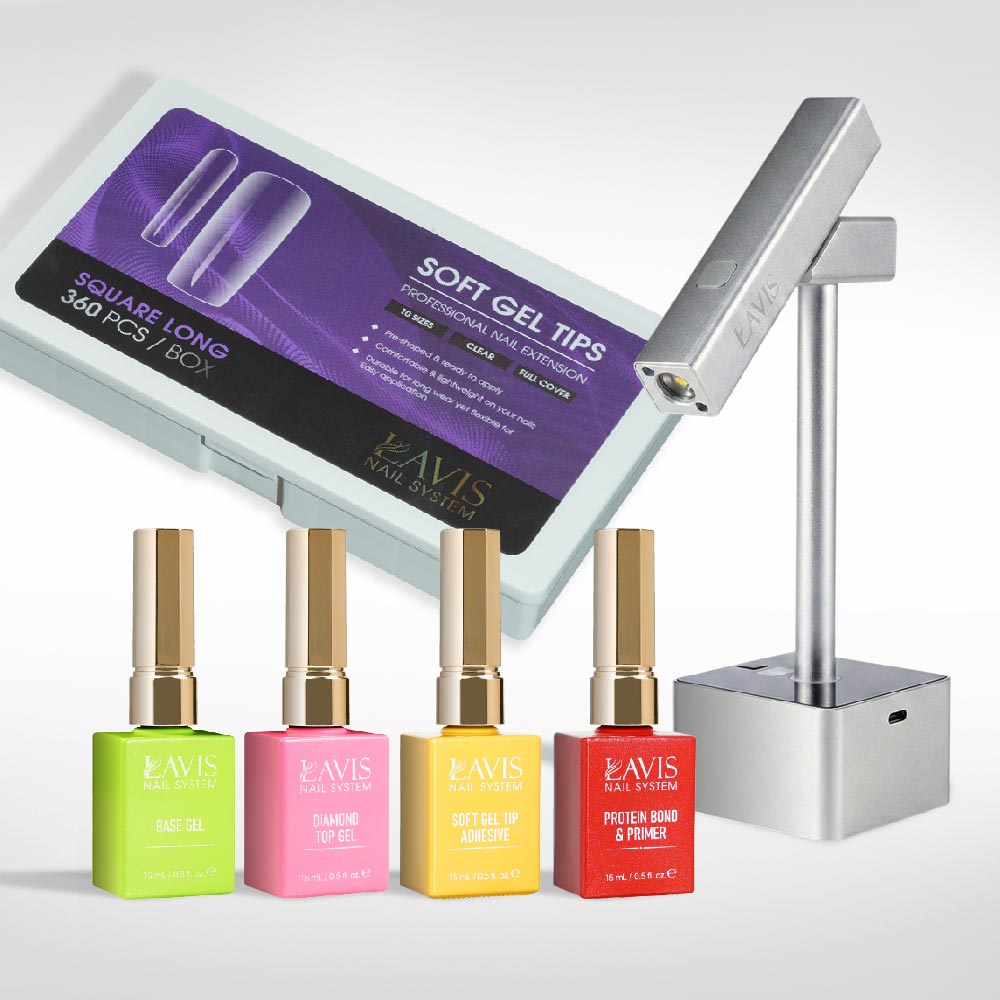 Lavis - Soft Gel Tips & 2IN1 LED Silver Kit - Square Long Clear - DTK Nail Supply