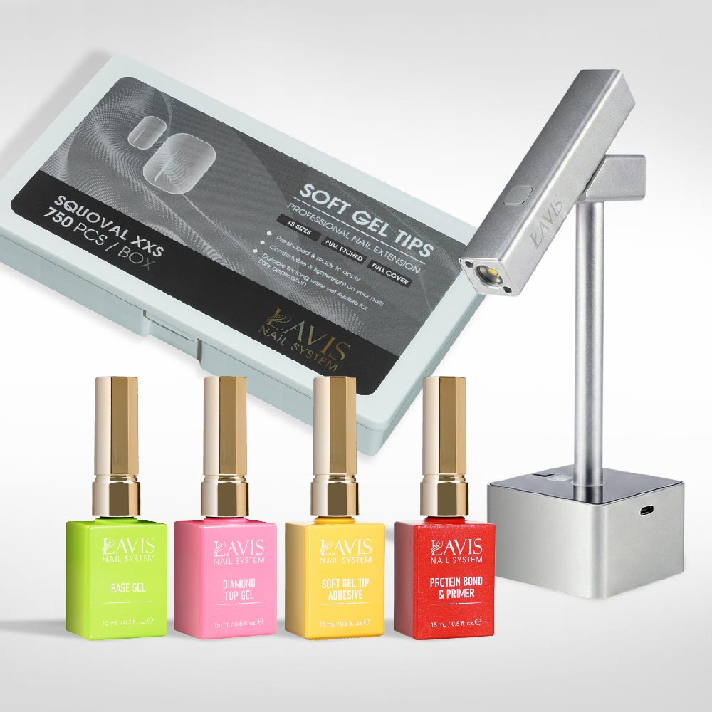 Lavis - Soft Gel Tips & 2IN1 LED Silver Kit - Squoval XXS Full Etched - DTK Nail Supply
