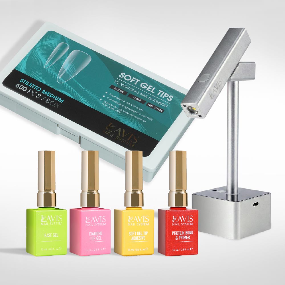 Lavis - Soft Gel Tips & 2IN1 LED Silver Kit - Stiletto Medium Clear - DTK Nail Supply