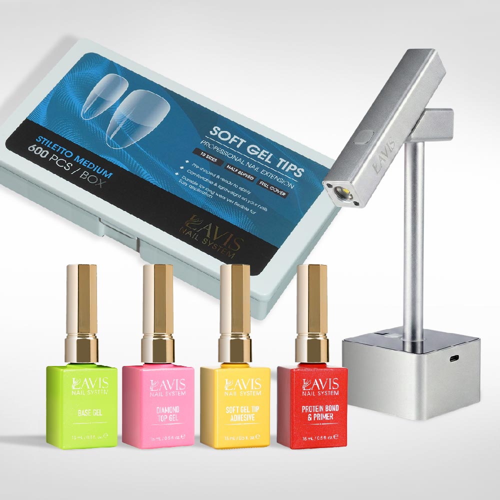 Lavis - Soft Gel Tips & 2IN1 LED Silver Kit - Stiletto Medium Half Buffed - DTK Nail Supply