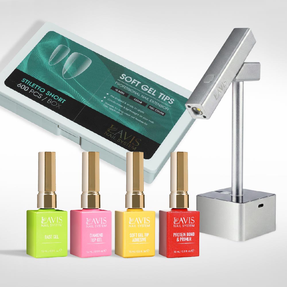 Lavis - Soft Gel Tips & 2IN1 LED Silver Kit - Stiletto Short Clear - DTK Nail Supply