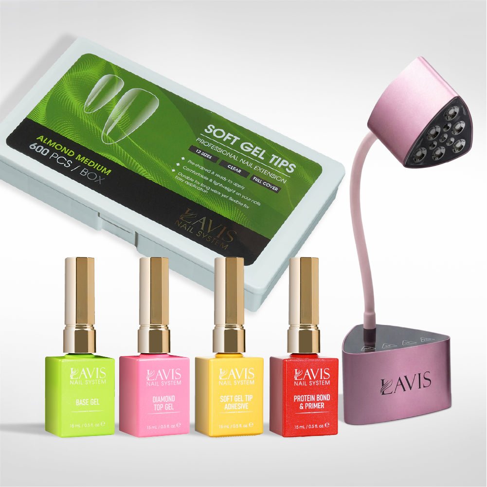 Lavis - Soft Gel Tips & Mini Desktop Nail Lamp Rose Gold/Silver Kit - Almond Medium Clear - DTK Nail Supply