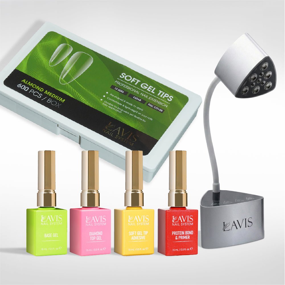 Lavis - Soft Gel Tips & Mini Desktop Nail Lamp Rose Gold/Silver Kit - Almond Medium Clear - DTK Nail Supply