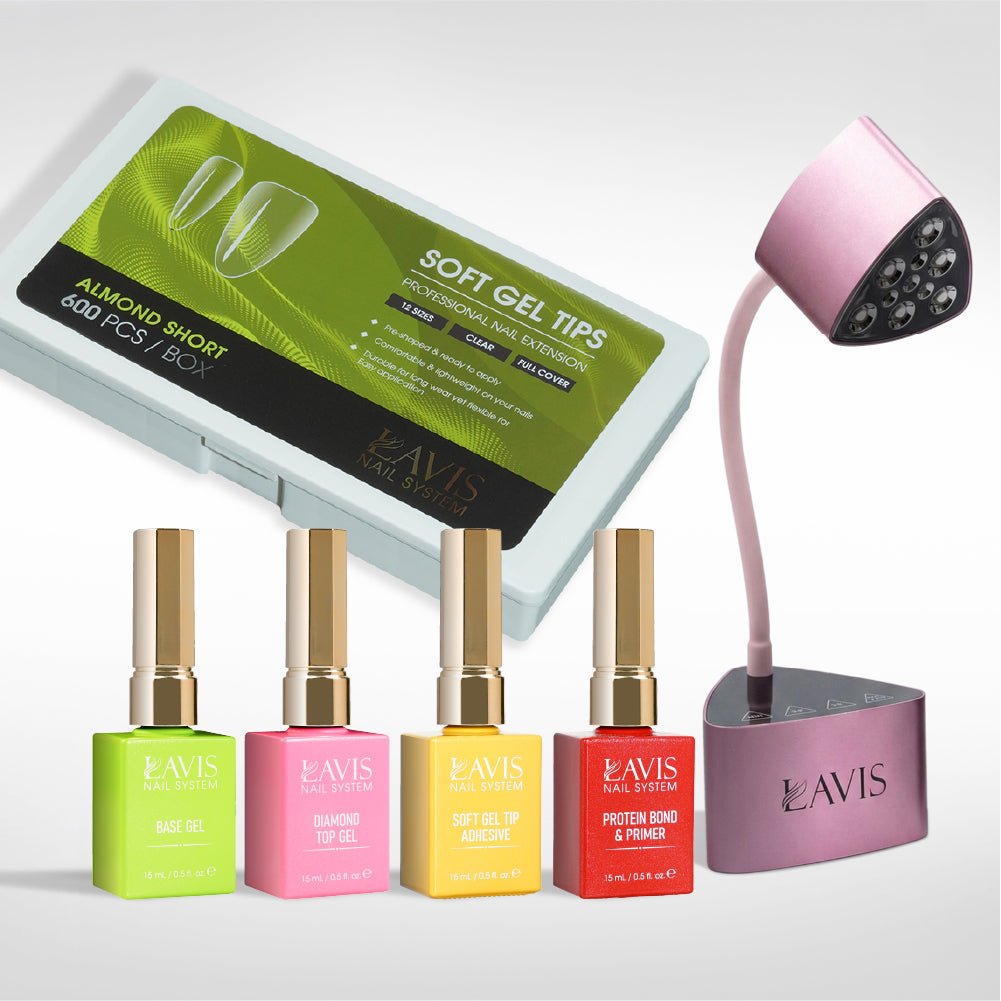 Lavis - Soft Gel Tips & Mini Desktop Nail Lamp Rose Gold/Silver Kit - Almond Short Clear - DTK Nail Supply
