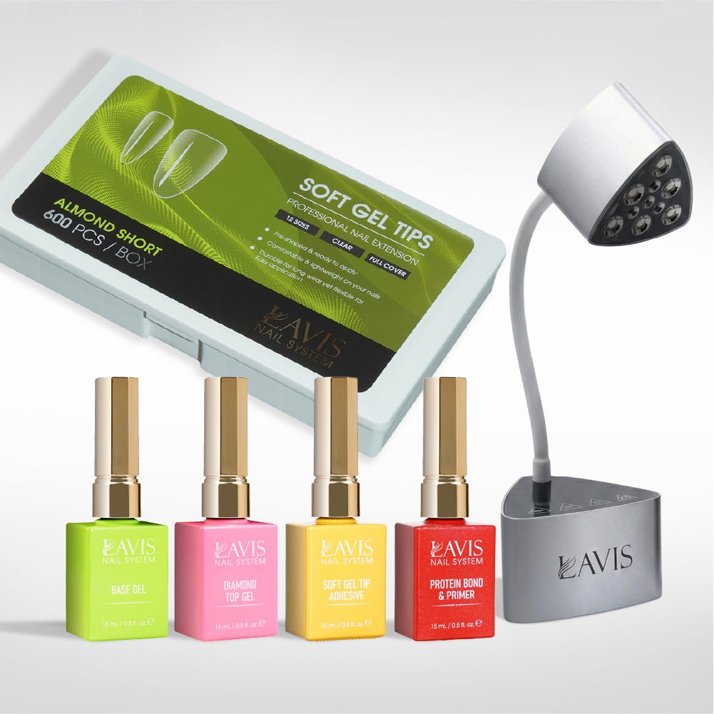 Lavis - Soft Gel Tips & Mini Desktop Nail Lamp Rose Gold/Silver Kit - Almond Short Clear - DTK Nail Supply
