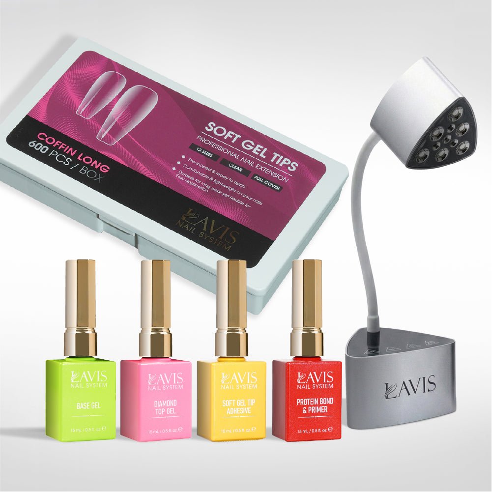 Lavis - Soft Gel Tips & Mini Desktop Nail Lamp Rose Gold/Silver Kit - Coffin Long Clear - DTK Nail Supply