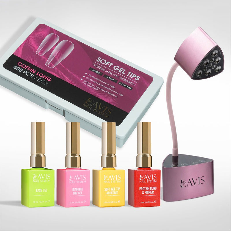 Lavis - Soft Gel Tips & Mini Desktop Nail Lamp Rose Gold/Silver Kit - Coffin Long Clear - DTK Nail Supply