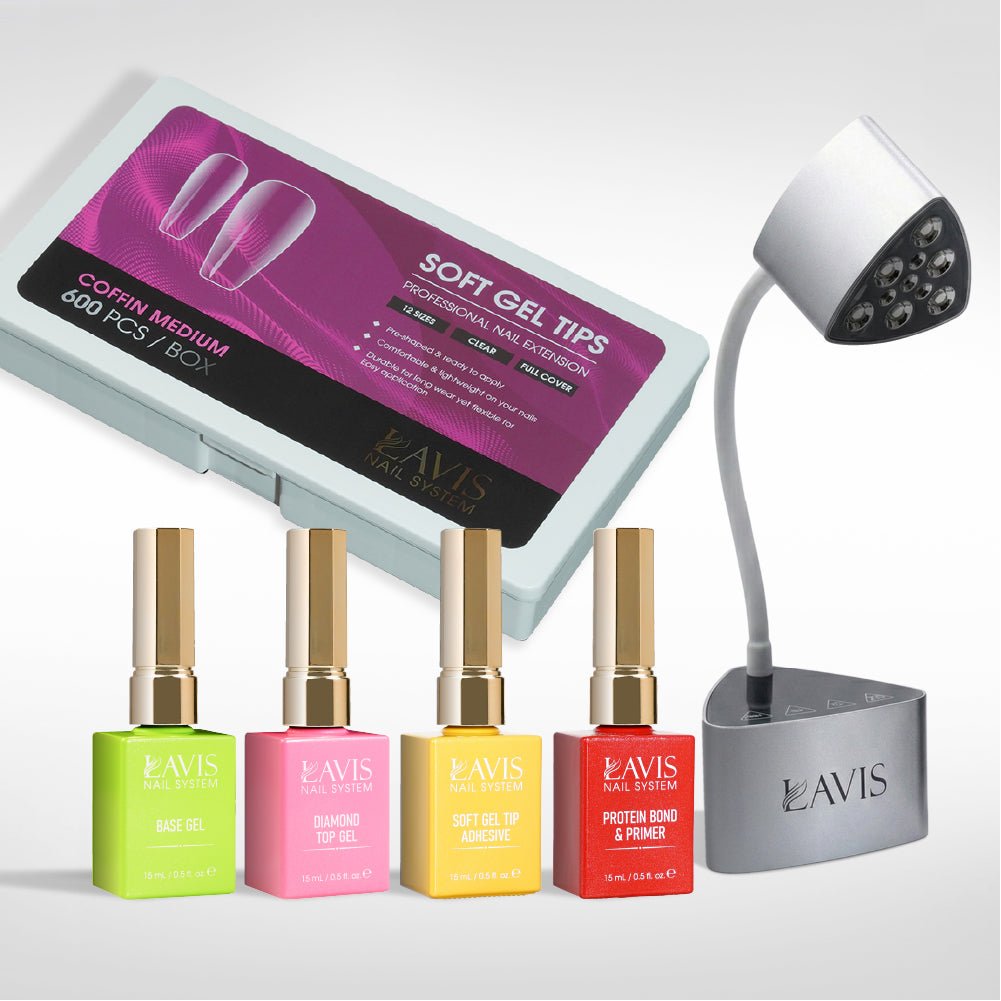 Lavis - Soft Gel Tips & Mini Desktop Nail Lamp Rose Gold/Silver Kit - Coffin Medium Clear - DTK Nail Supply