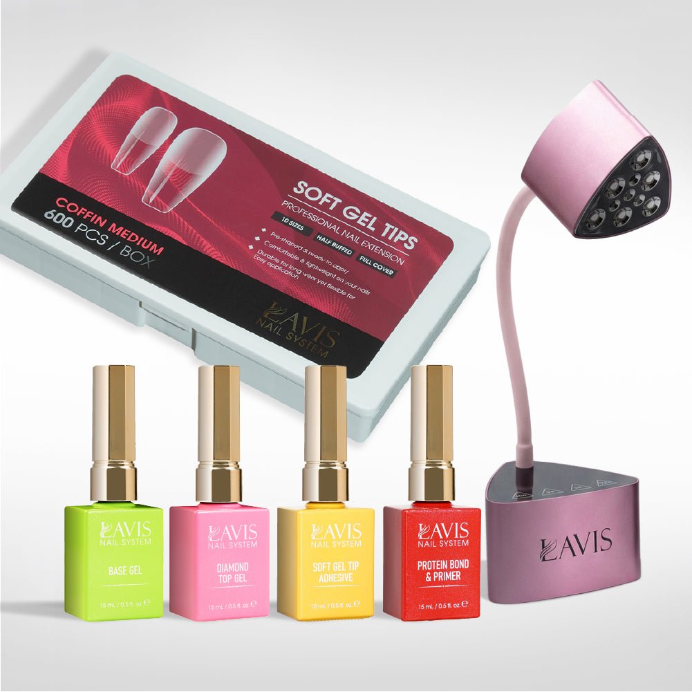 Lavis - Soft Gel Tips & Mini Desktop Nail Lamp Rose Gold/Silver Kit - Coffin Medium Half Buffed - DTK Nail Supply