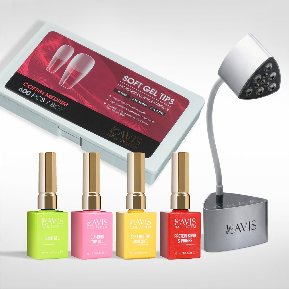 Lavis - Soft Gel Tips & Mini Desktop Nail Lamp Rose Gold/Silver Kit - Coffin Medium Half Buffed - DTK Nail Supply