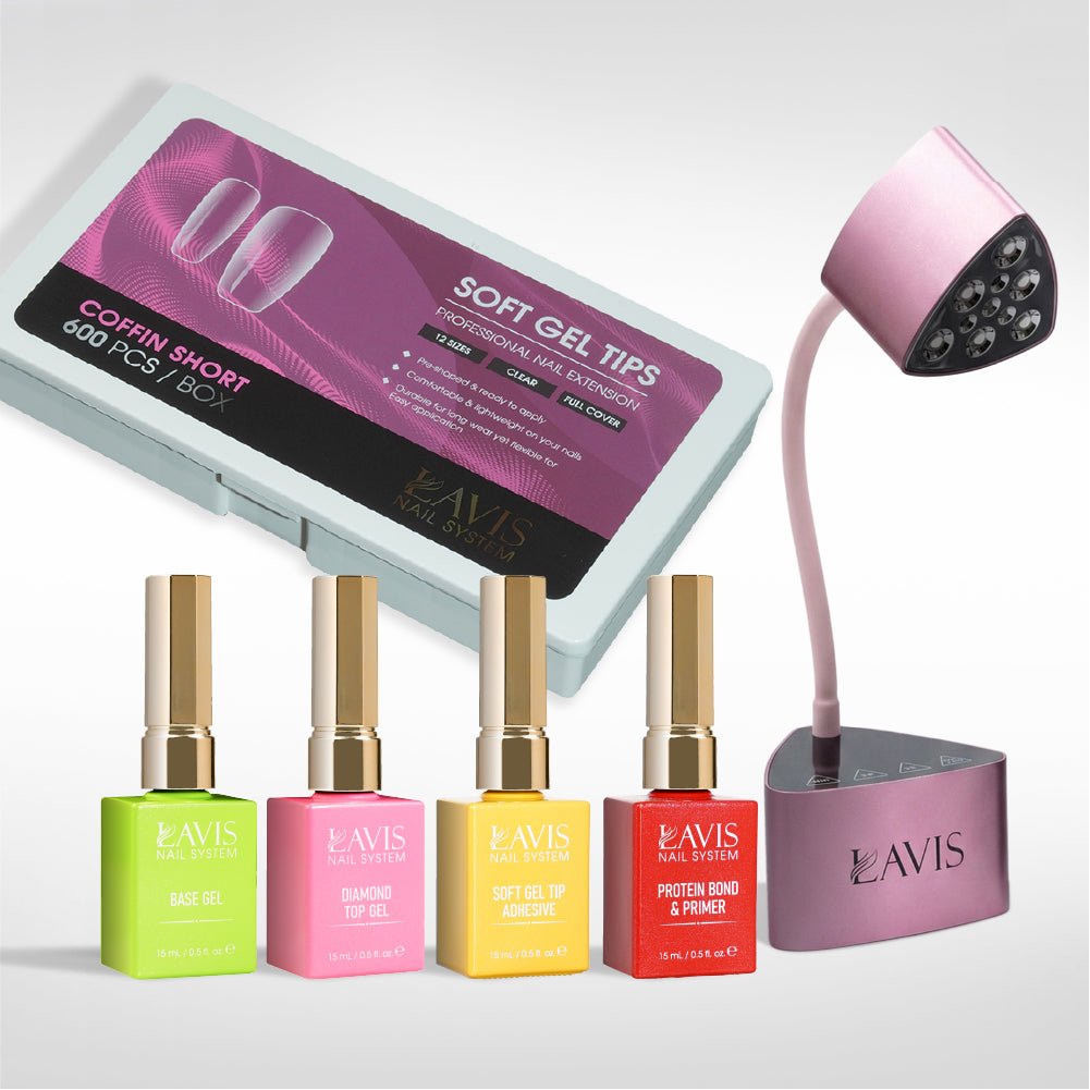 Lavis - Soft Gel Tips & Mini Desktop Nail Lamp Rose Gold/Silver Kit - Coffin Short Clear - DTK Nail Supply