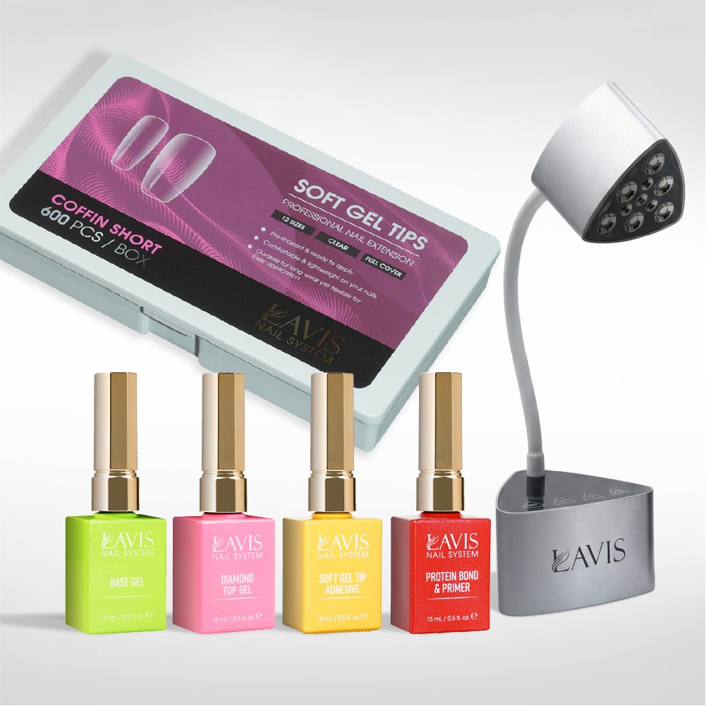 Lavis - Soft Gel Tips & Mini Desktop Nail Lamp Rose Gold/Silver Kit - Coffin Short Clear - DTK Nail Supply