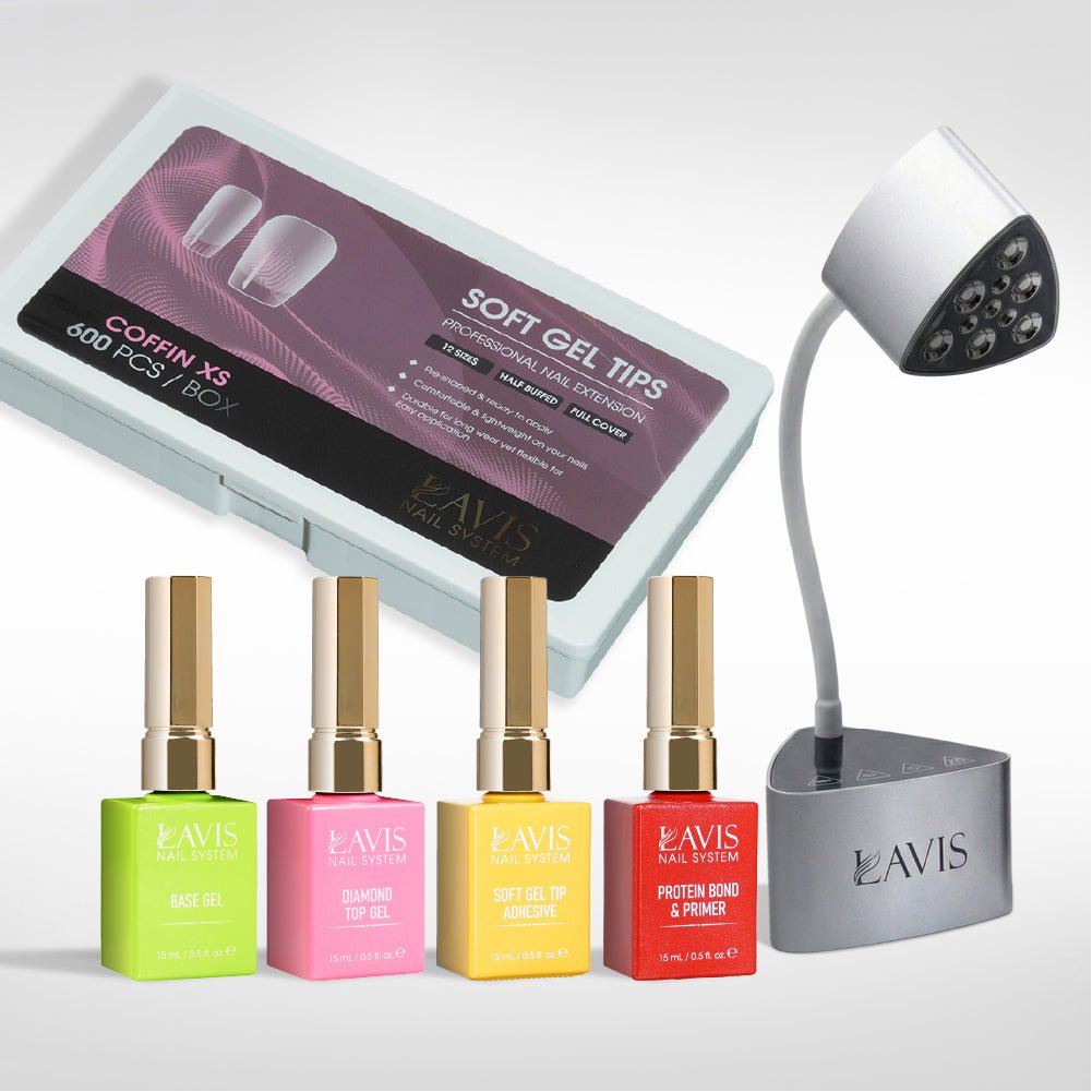 Lavis - Soft Gel Tips & Mini Desktop Nail Lamp Rose Gold/Silver Kit - Coffin XS Half Buffed - DTK Nail Supply
