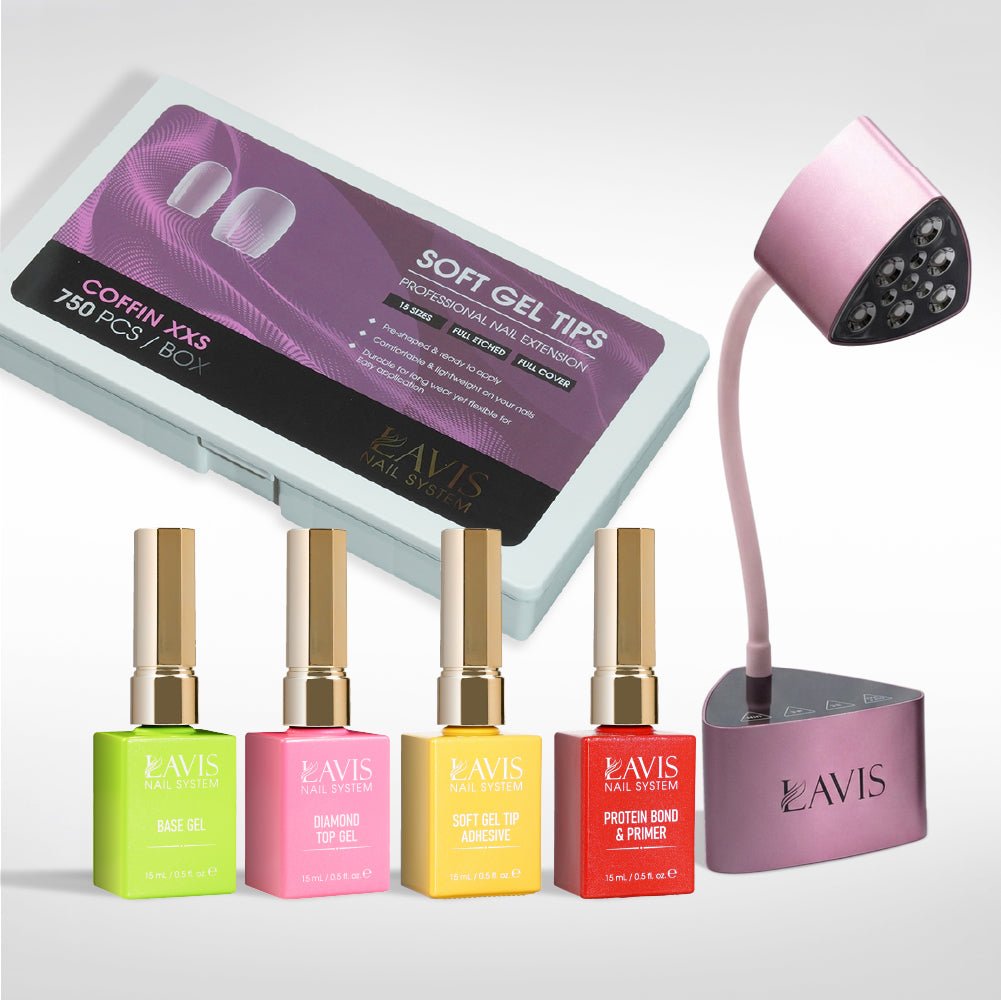 Lavis - Soft Gel Tips & Mini Desktop Nail Lamp Rose Gold/Silver Kit - Coffin XXS Full Etched - DTK Nail Supply
