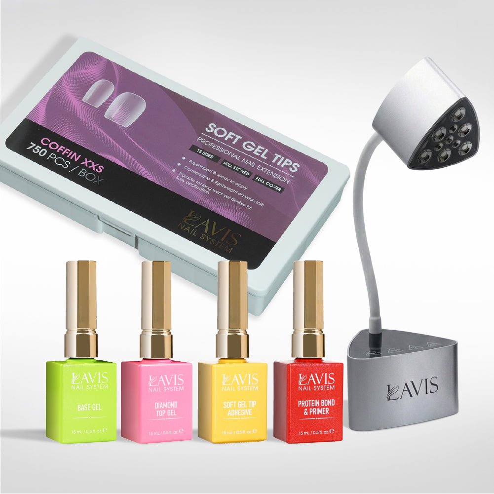Lavis - Soft Gel Tips & Mini Desktop Nail Lamp Rose Gold/Silver Kit - Coffin XXS Full Etched - DTK Nail Supply