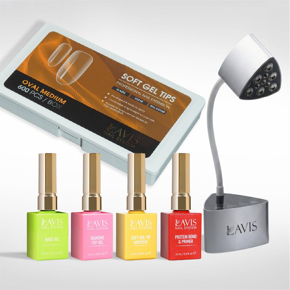 Lavis - Soft Gel Tips & Mini Desktop Nail Lamp Rose Gold/Silver Kit - Oval Medium Clear - DTK Nail Supply