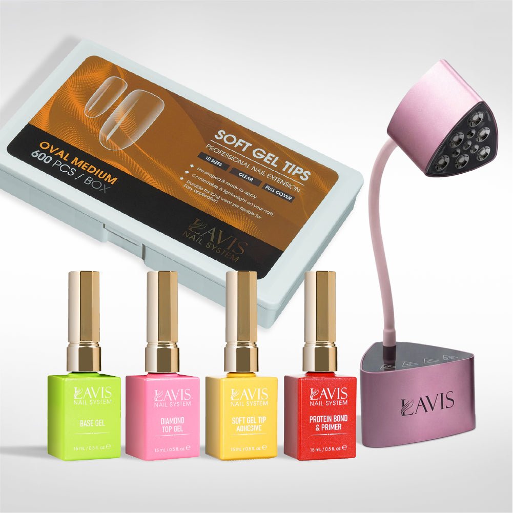 Lavis - Soft Gel Tips & Mini Desktop Nail Lamp Rose Gold/Silver Kit - Oval Medium Clear - DTK Nail Supply