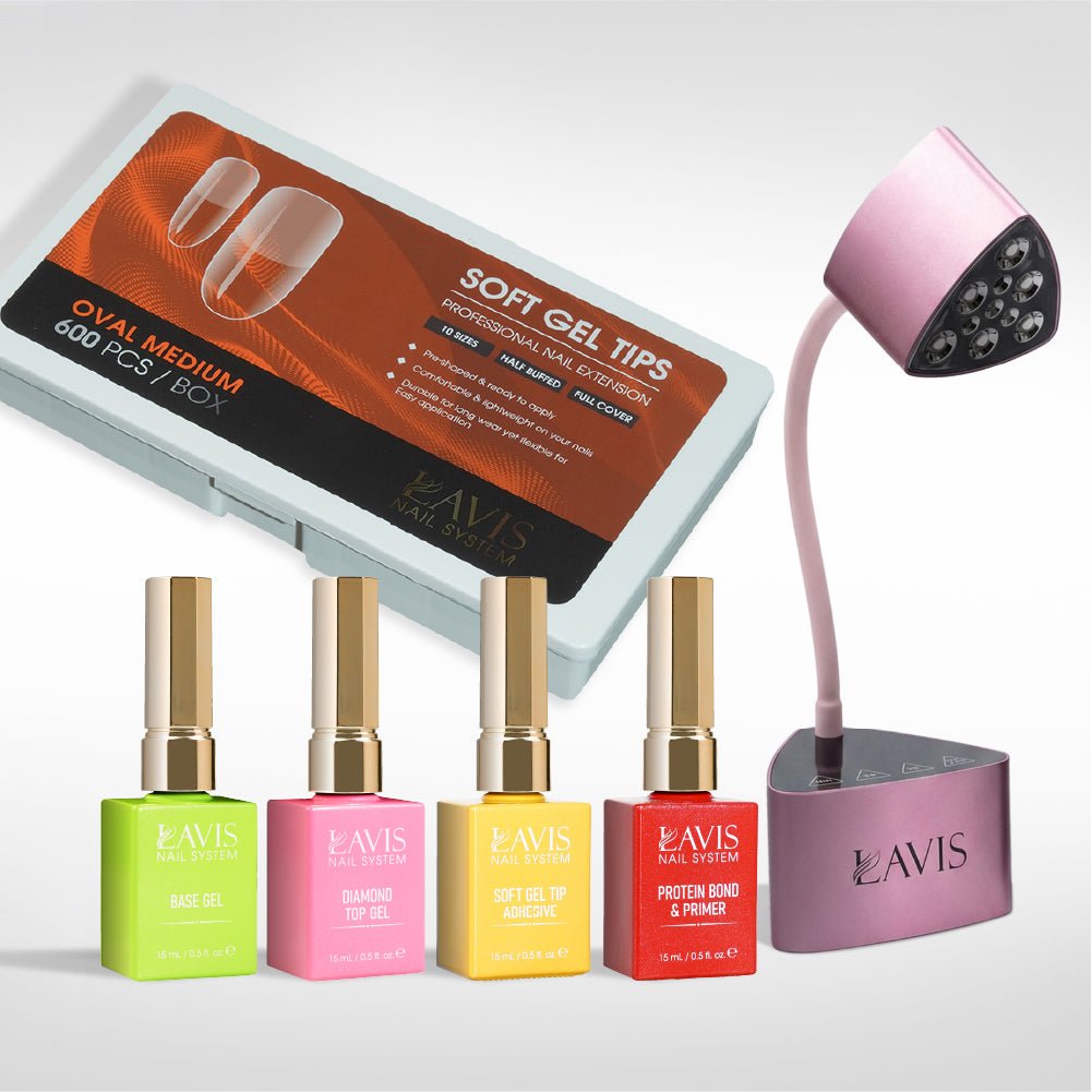 Lavis - Soft Gel Tips & Mini Desktop Nail Lamp Rose Gold/Silver Kit - Oval Medium Half Buffed - DTK Nail Supply