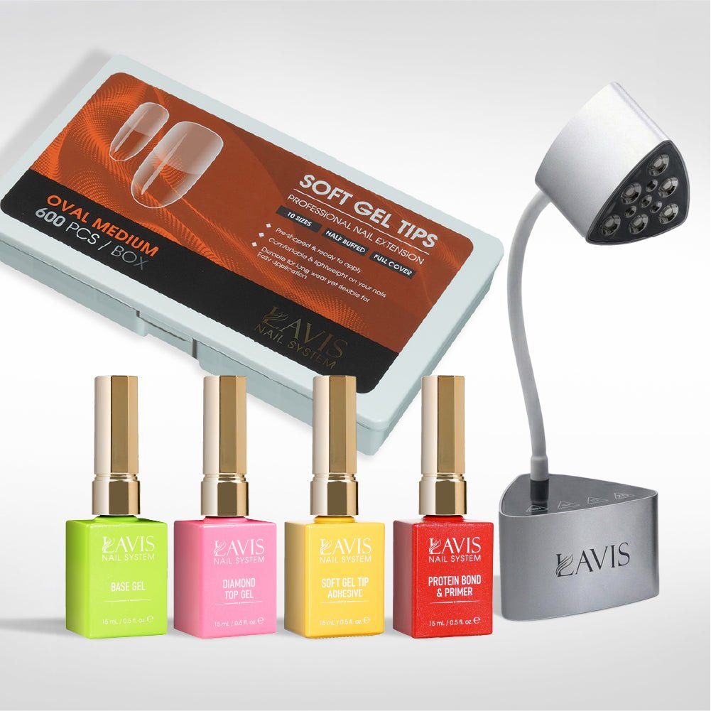 Lavis - Soft Gel Tips & Mini Desktop Nail Lamp Rose Gold/Silver Kit - Oval Medium Half Buffed - DTK Nail Supply