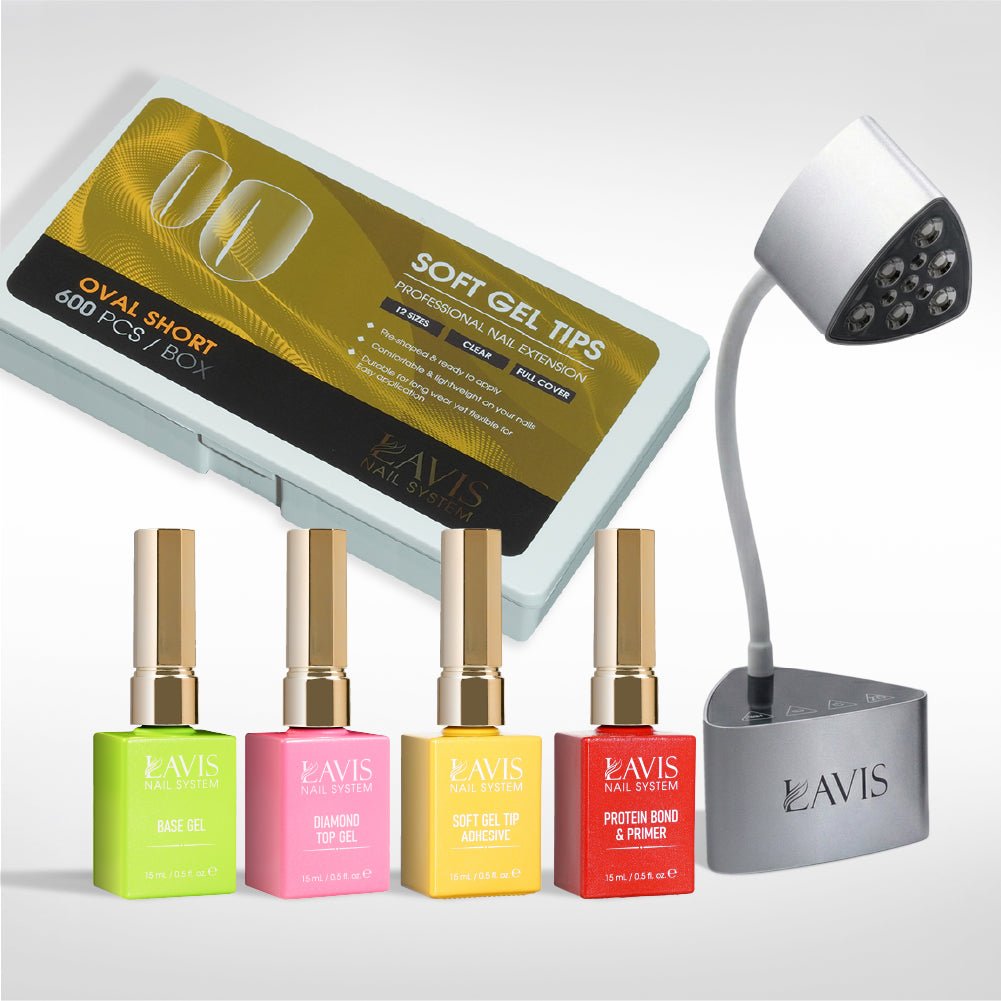 Lavis - Soft Gel Tips & Mini Desktop Nail Lamp Rose Gold/Silver Kit - Oval Short Clear - DTK Nail Supply