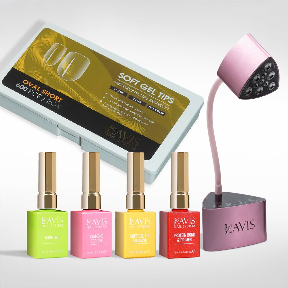 Lavis - Soft Gel Tips & Mini Desktop Nail Lamp Rose Gold/Silver Kit - Oval Short Clear - DTK Nail Supply