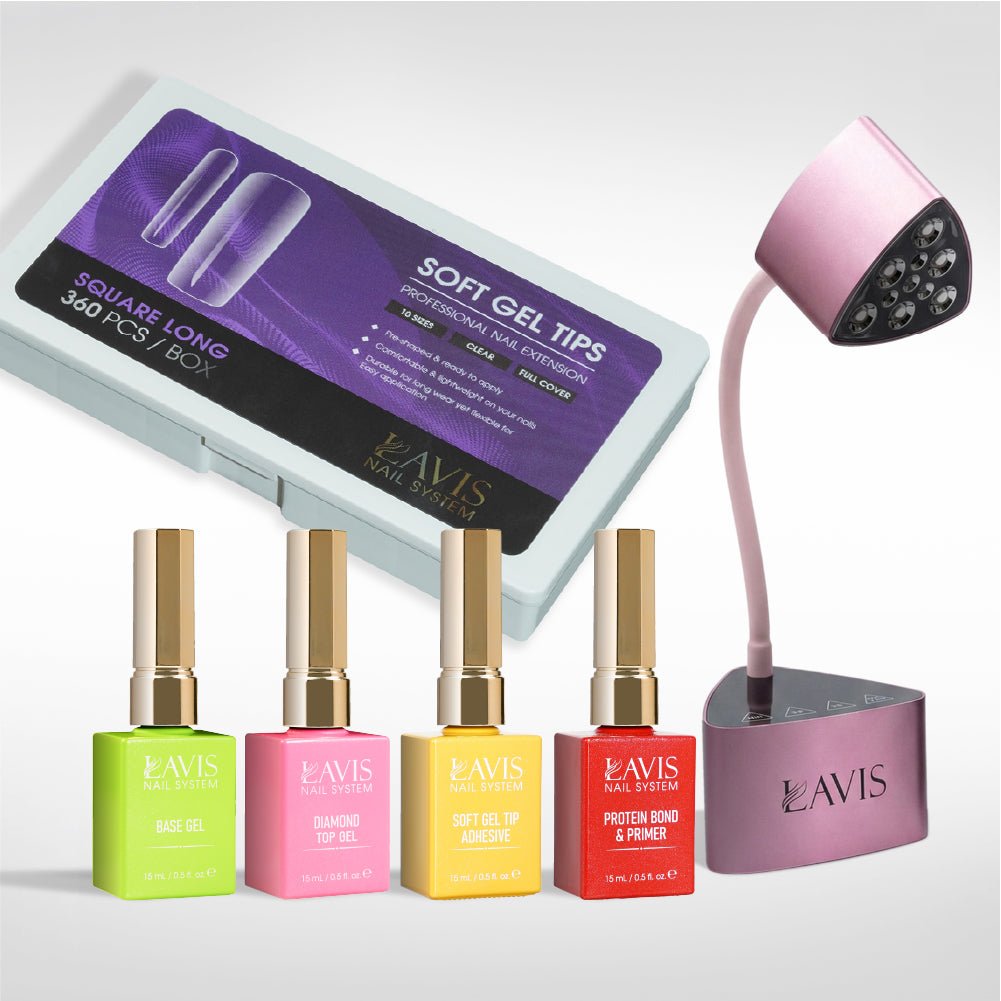 Lavis - Soft Gel Tips & Mini Desktop Nail Lamp Rose Gold/Silver Kit - Square Long Clear - DTK Nail Supply
